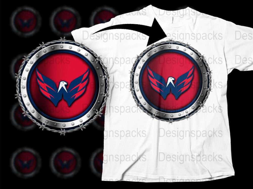 Men's Graphic T-Shirt with Blue Winged Emblem, Casual Riveted Red Circle Design, Stylish Summer Tee