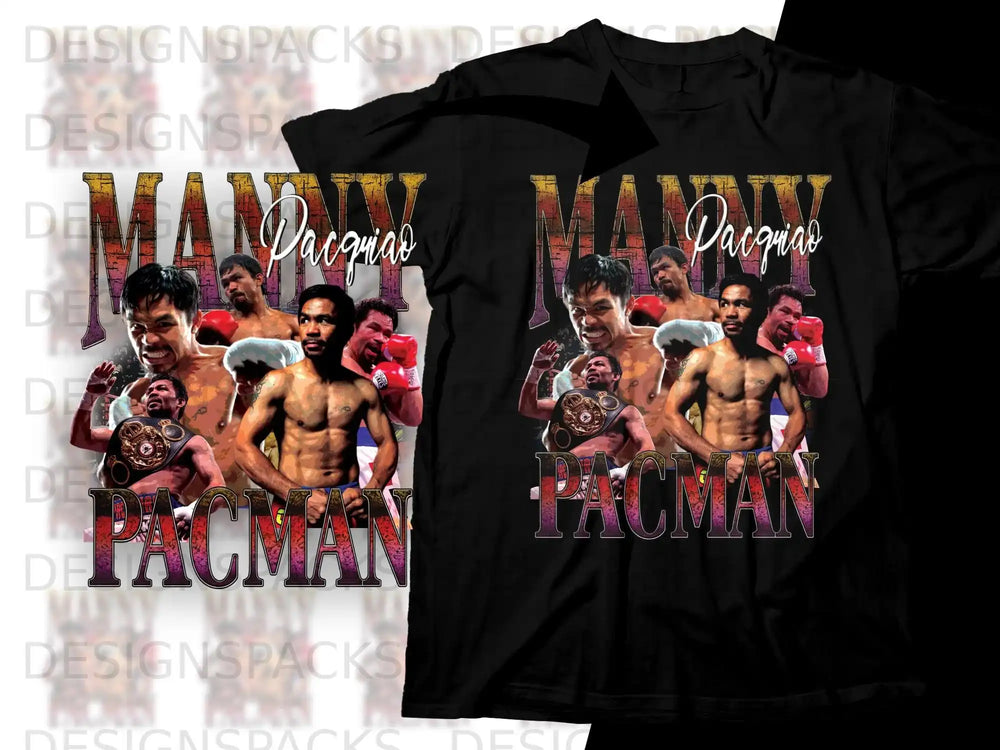 Manny Pacquiao "Pacman" graphic t-shirt with boxing imagery.