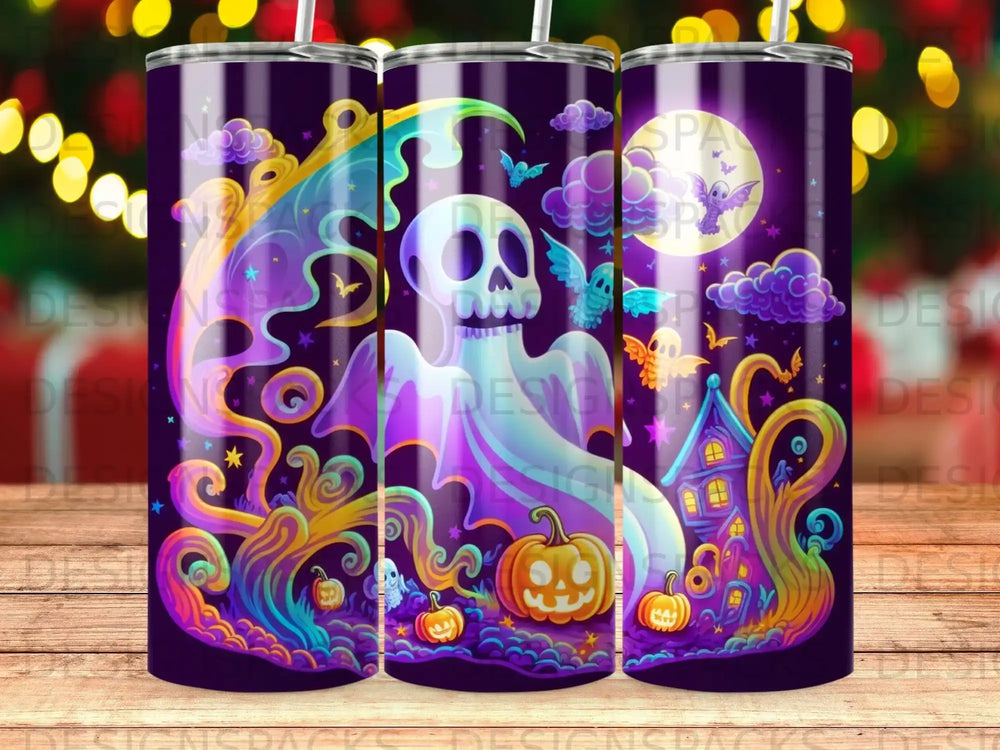 Halloween tumbler with ghost, pumpkins, and spooky haunted house illustration.