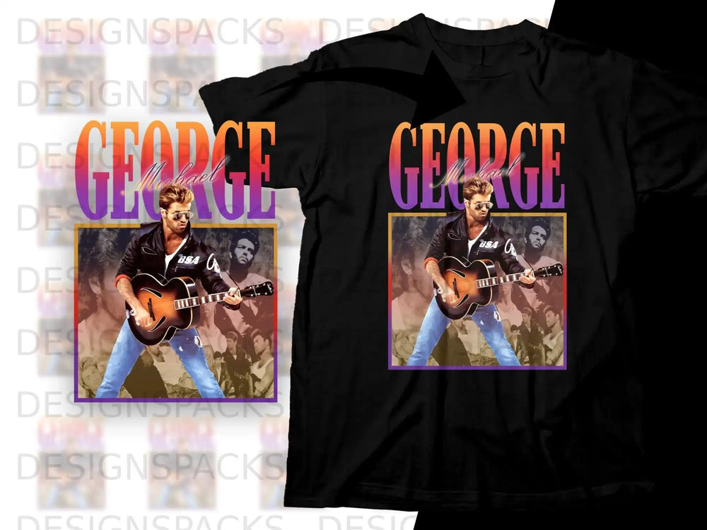 George Michael graphic t-shirt with vintage portrait and purple border.