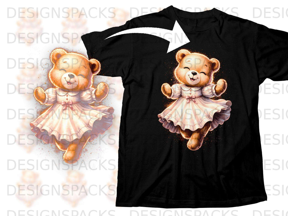 Black t-shirt with a cartoon teddy bear wearing a white dress and pink bow.