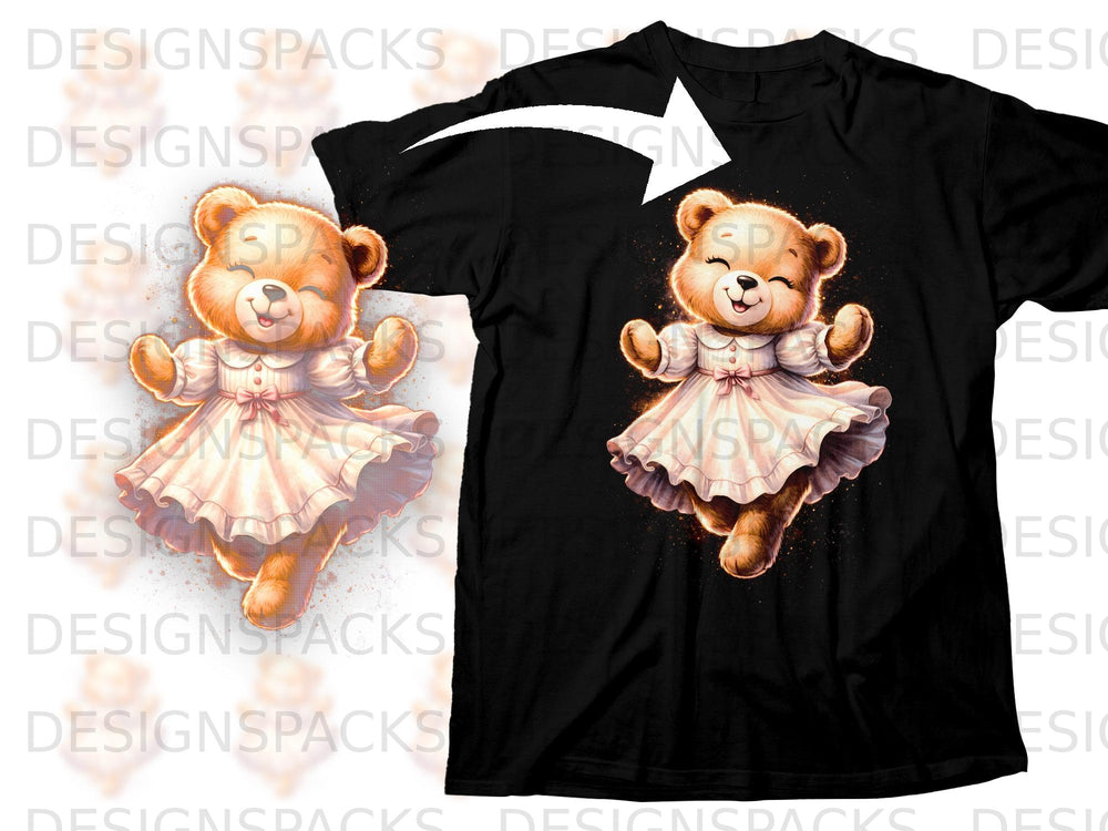 Black t-shirt with a cartoon teddy bear wearing a white dress and pink bow.