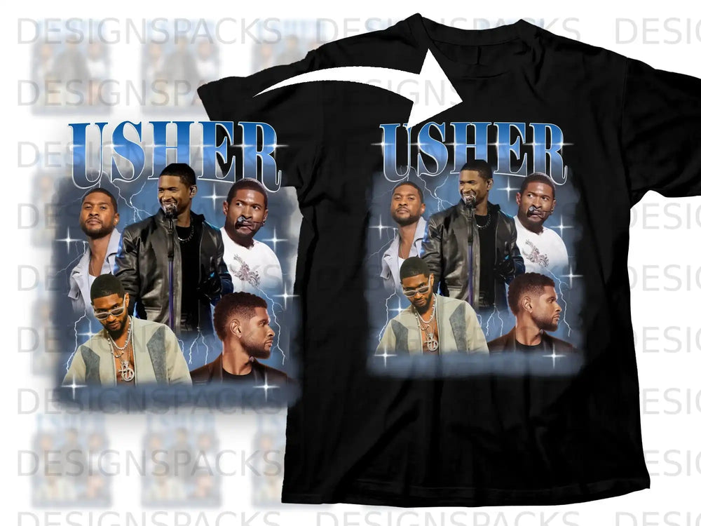 Usher graphic t-shirt with collage of artist photos and "Usher" text.