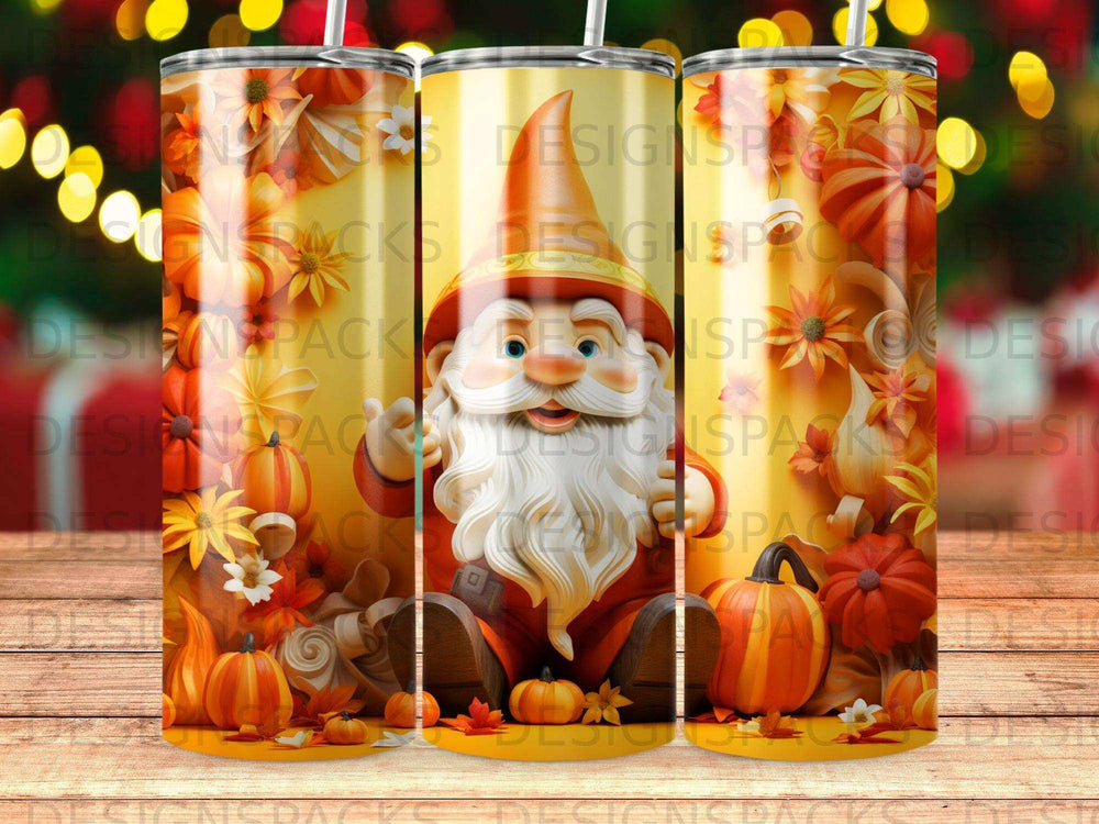 Fall gnome with pumpkins and leaves on a tumbler.