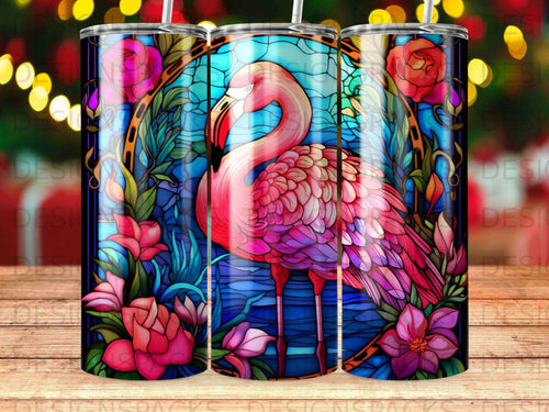 Pink flamingo in stained glass floral border with blue water background.