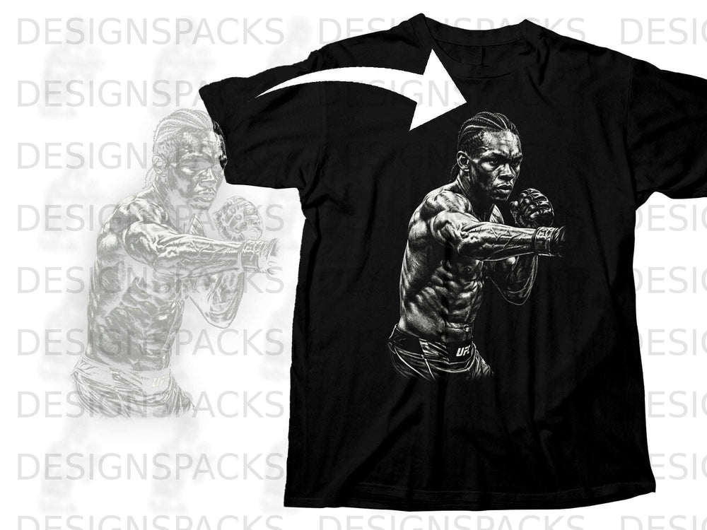 Black t-shirt featuring a black and white graphic of a fighter in a boxing stance.