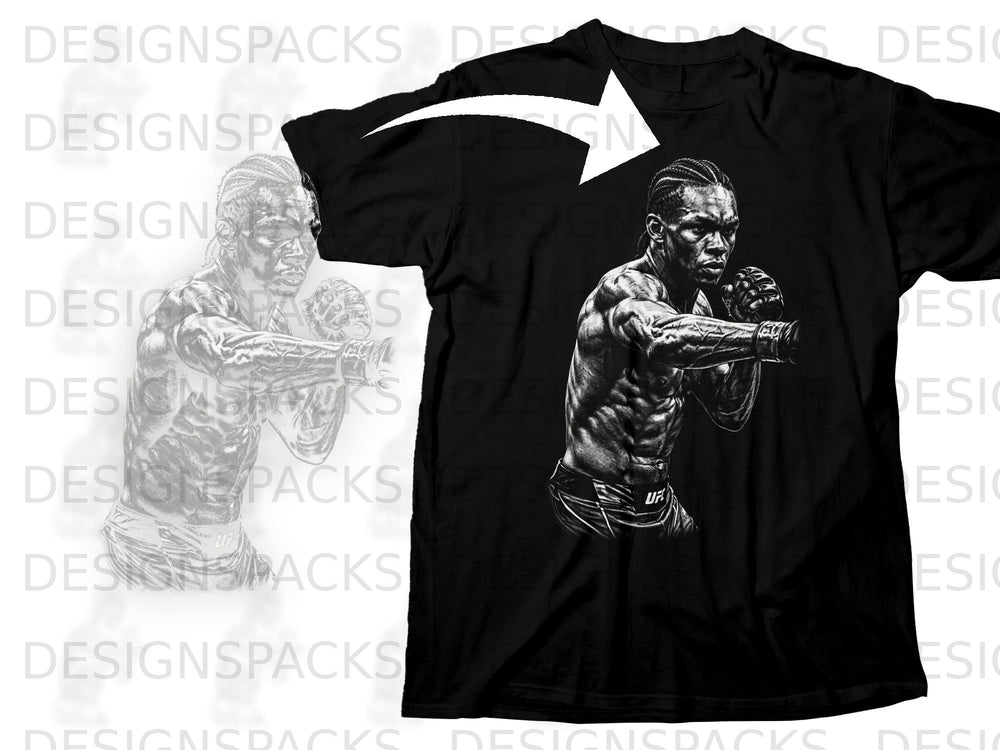 Black t-shirt featuring a black and white graphic of a fighter in a boxing stance.