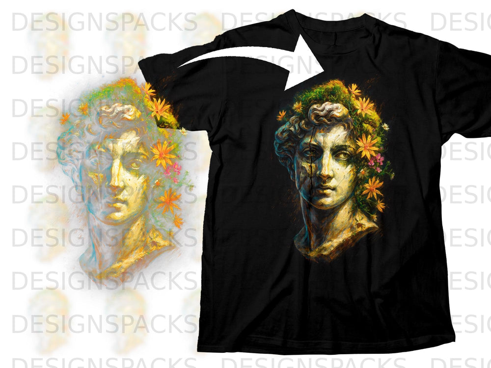 Black t-shirt with a distressed classical bust adorned with flowers.
