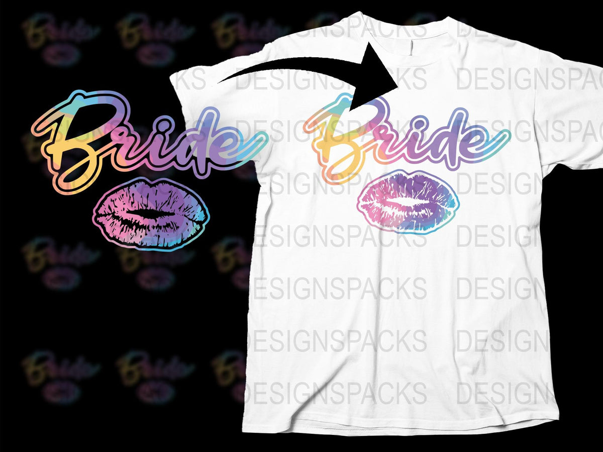 Rainbow Bride T-Shirt with Kiss Mark, Bachelorette Party Tee, Colorful Wedding Celebration Shirt for Bridesmaids