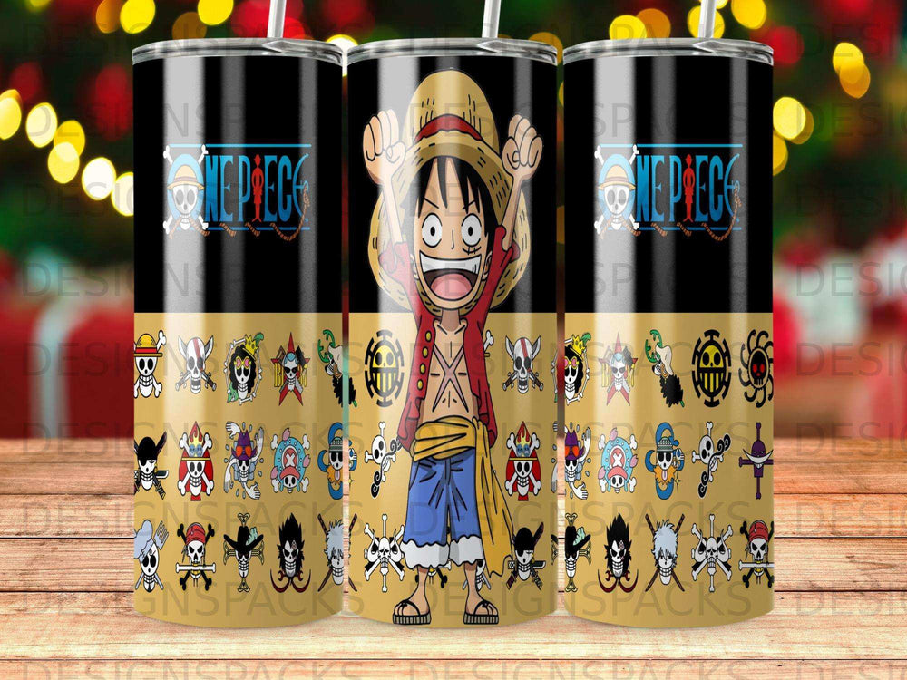Monkey D. Luffy from One Piece on a patterned tumbler with pirate skull motifs.