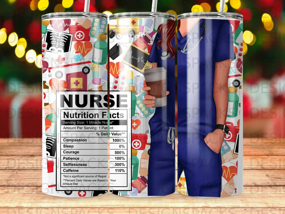 Tumbler with "Nurse Nutrition Facts" label, featuring medical icons and a nurse holding a coffee cup.
