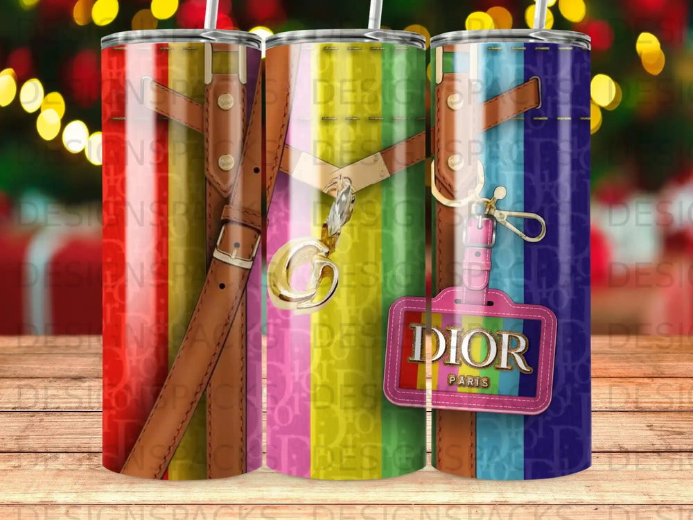 Dior logo on a tumbler with colorful patterned straps.