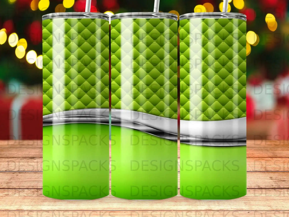 Green textured tumbler with silver band and blurred bokeh background.