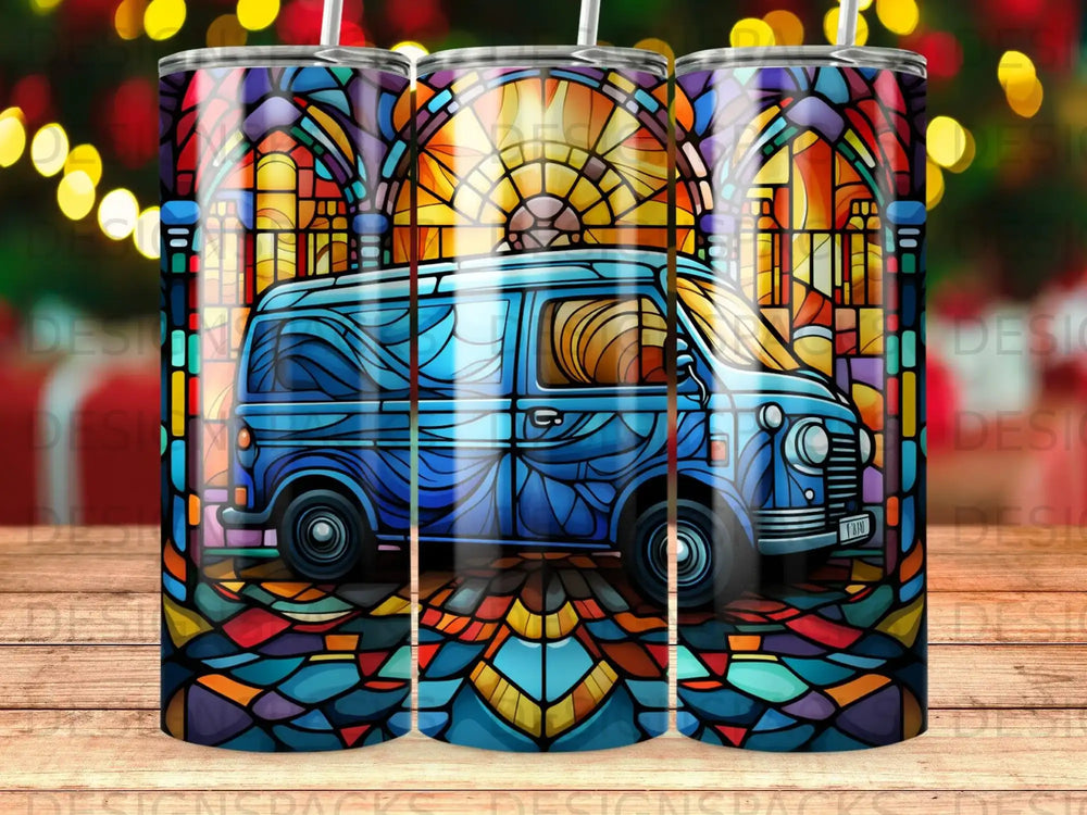 Blue van with stained glass windows design on a tumbler.