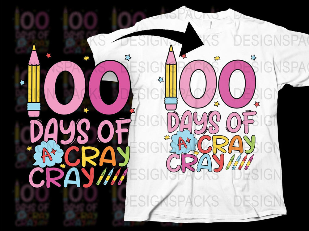 100 Days of Cray Cray T-Shirt, Colorful School Celebration Tee, Kids Teacher Graphic Shirt