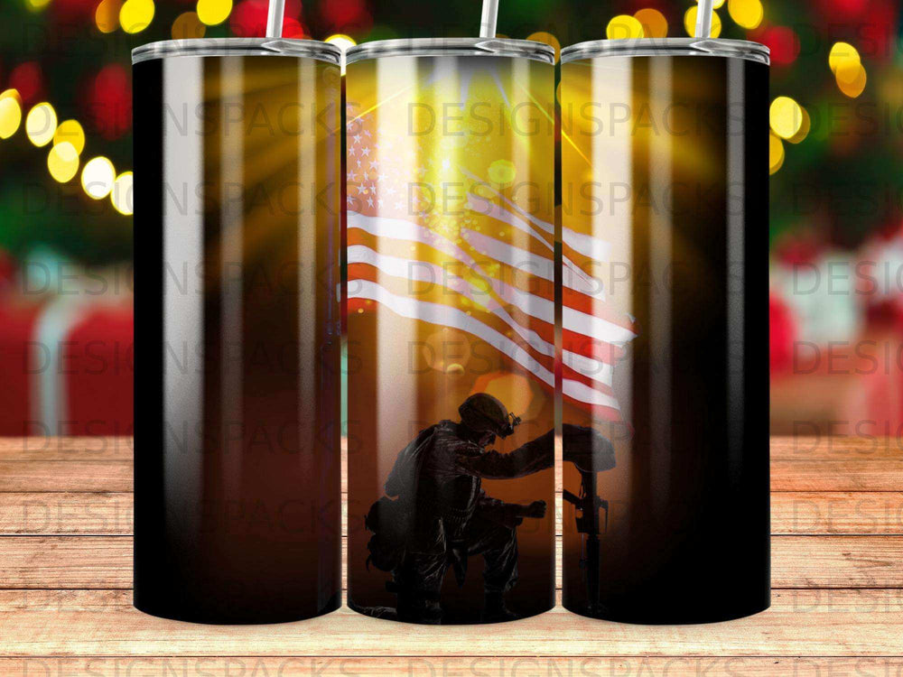 Soldier kneeling before American flag and cross, gradient background.