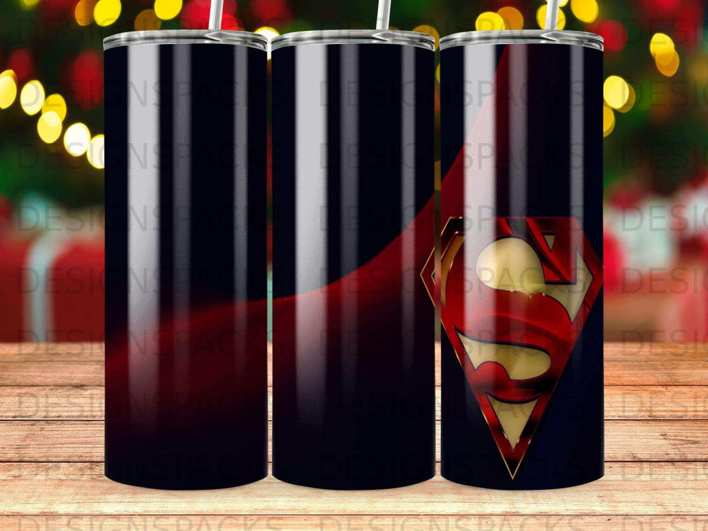 Superman logo on a dark tumbler with red wavy lines.