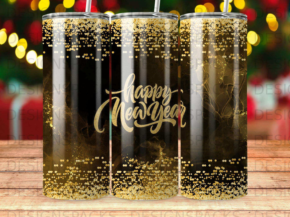 Black tumbler with gold glitter and "Happy New Year" text.