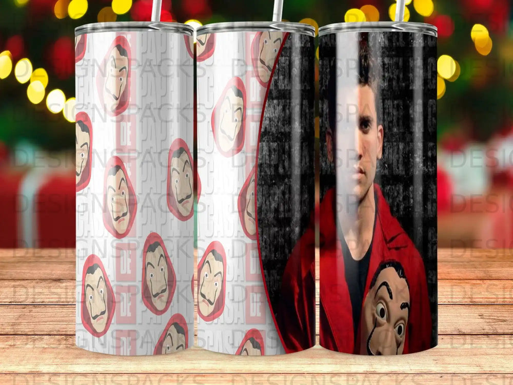 Three tumblers featuring the Money Heist mask and a character's face.