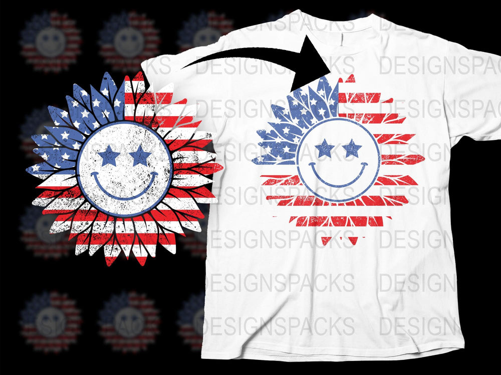 Patriotic Sunflower T-Shirt, American Flag Colors, Star Smile Face, Red White Blue, Summer Casual Wear for Unisex