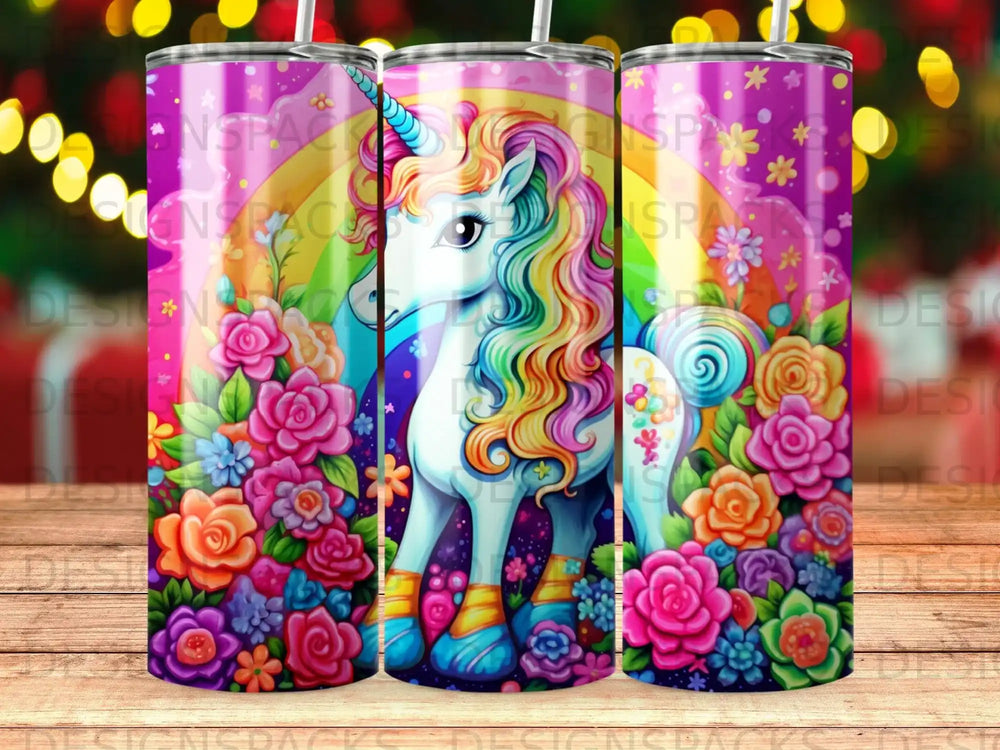 Unicorn with rainbow mane and tail surrounded by vibrant flowers and stars.