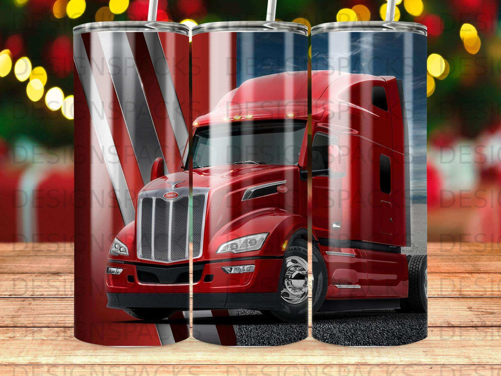 Red Peterbilt truck with American flag design on tumbler.