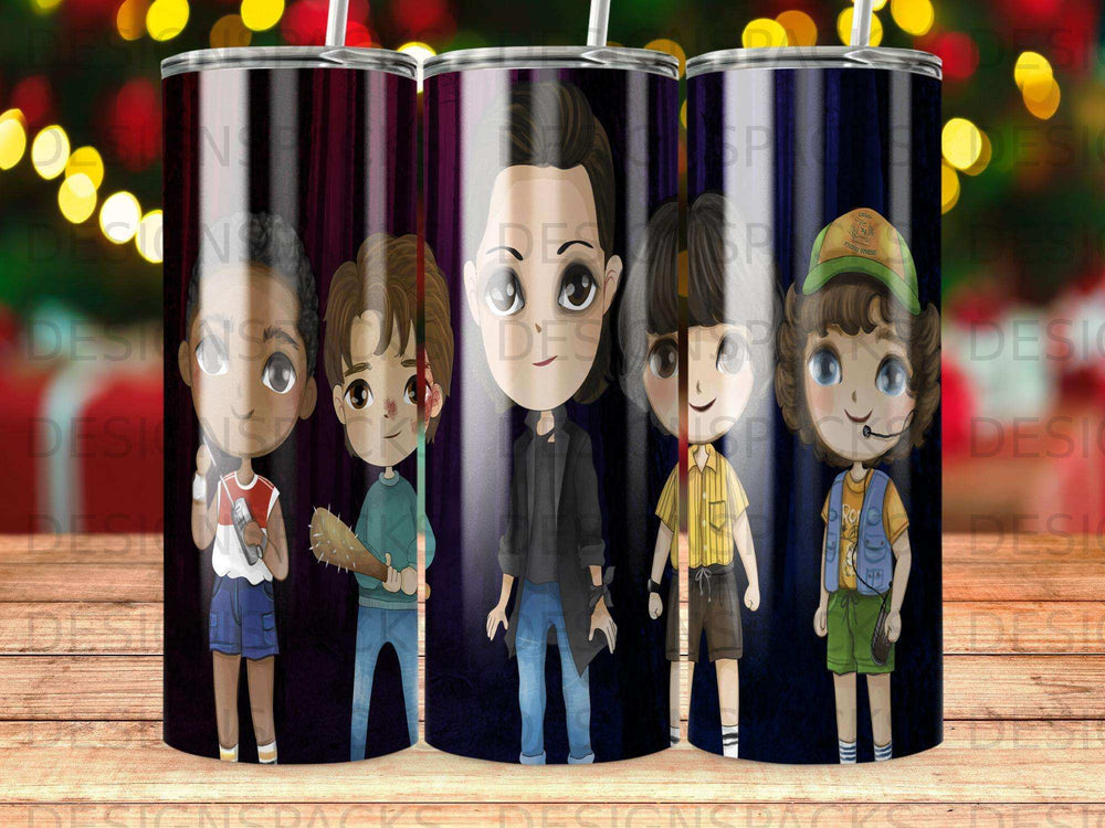 Stranger Things characters Eleven, Mike, Dustin, Lucas, and Will on tumblers.