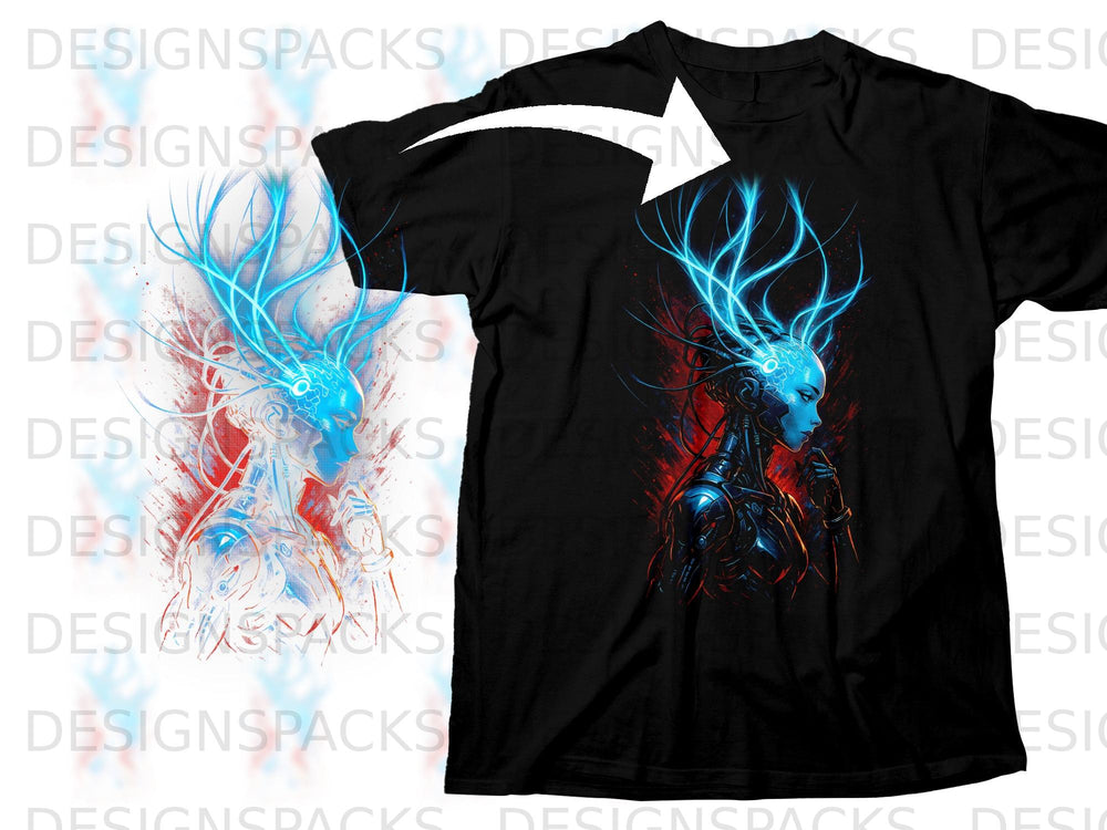 Black t-shirt with a blue cybernetic woman's head and glowing antlers design.