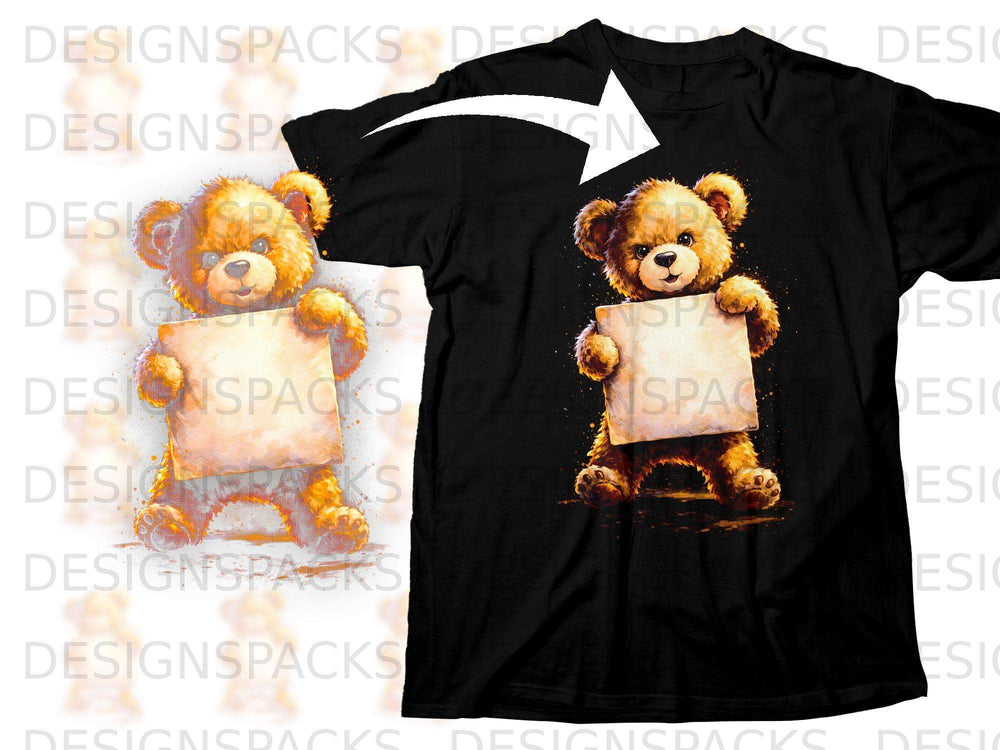 Black t-shirt featuring a watercolor-style teddy bear holding a blank sign.