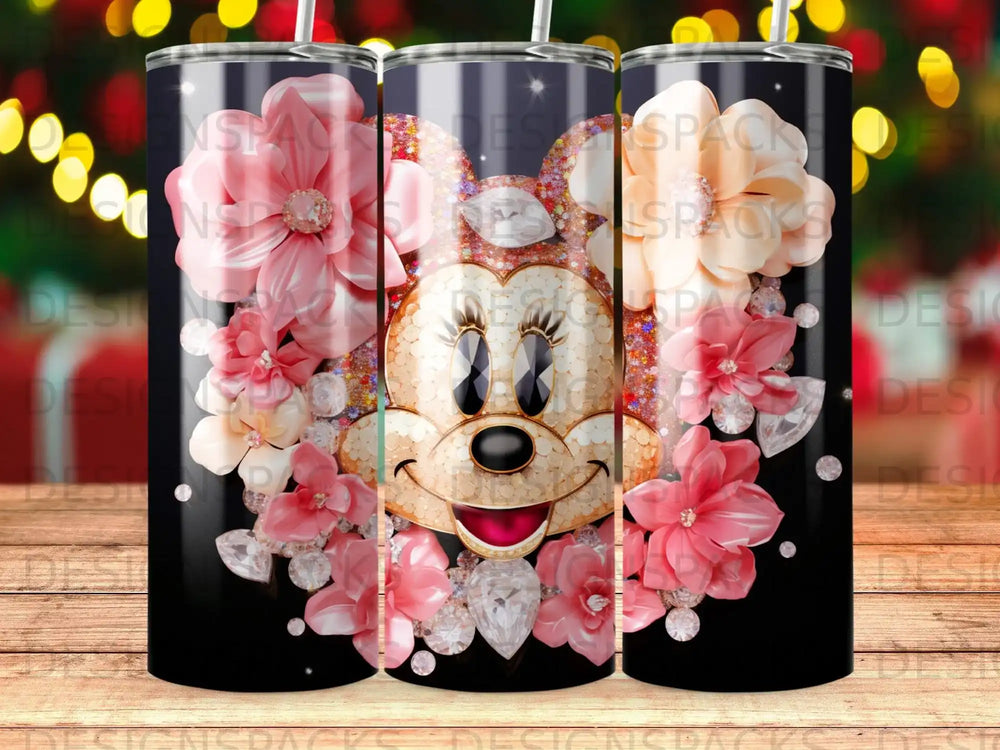 Minnie Mouse head surrounded by pink flowers and diamonds on a black tumbler.