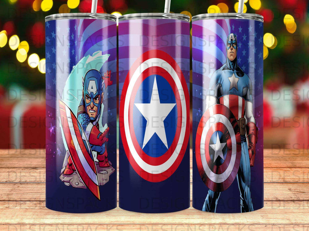 Captain America character on a patriotic background.