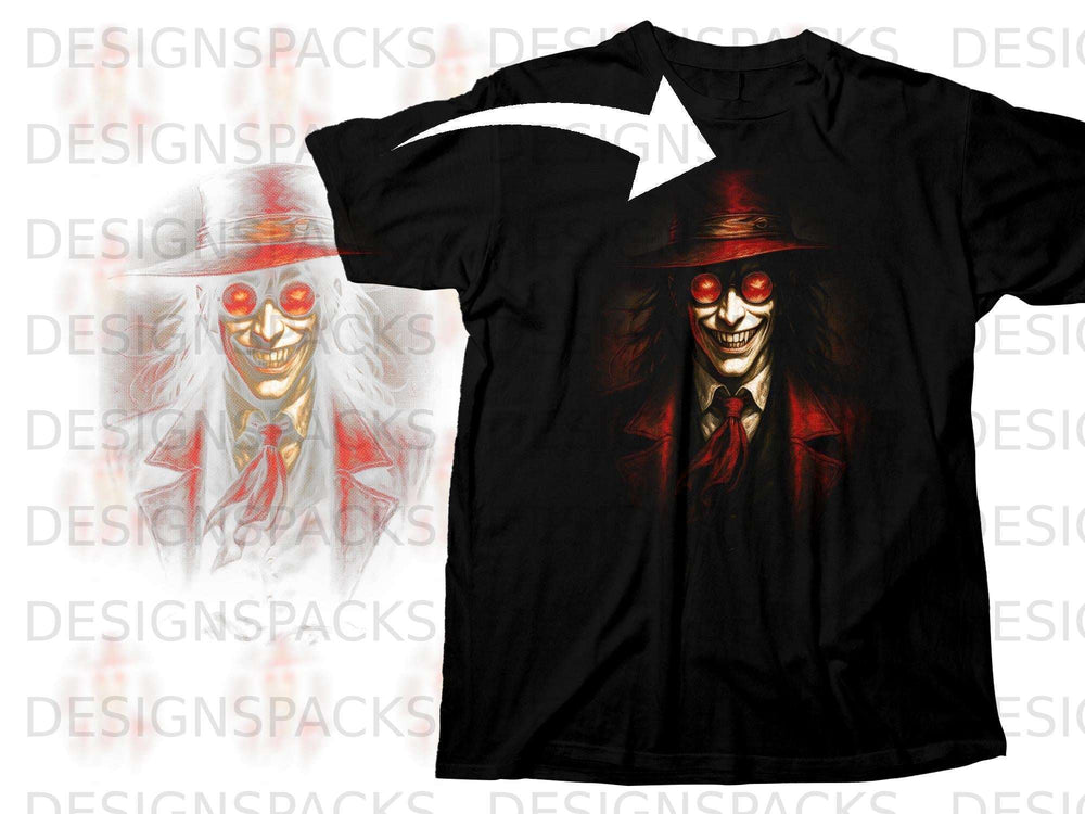 Black t-shirt featuring a menacing character with red-tinted glasses and a wide smile.