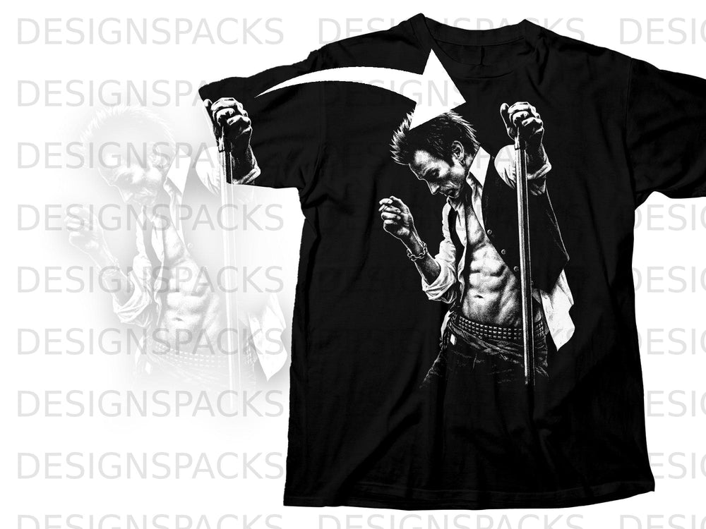 Black t-shirt with a black and white graphic of a shirtless punk singer holding a microphone stand.