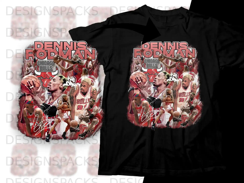 Dennis Rodman Chicago Bulls graphic tee with player images and signatures.