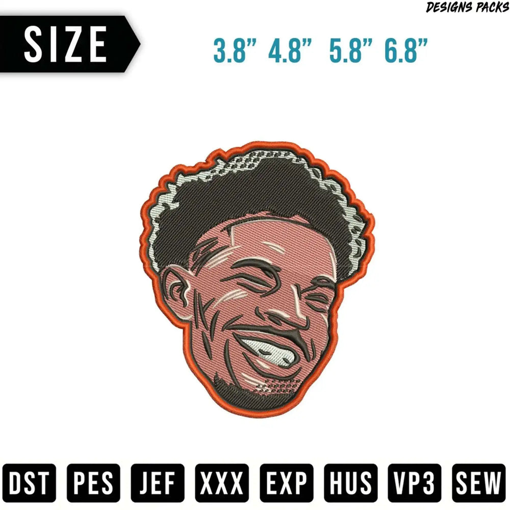 Embroidery design of a smiling man's face, with size options.