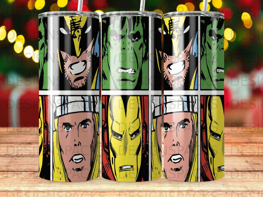 Comic book style Hulk, Wolverine, and Iron Man faces on a tumbler.