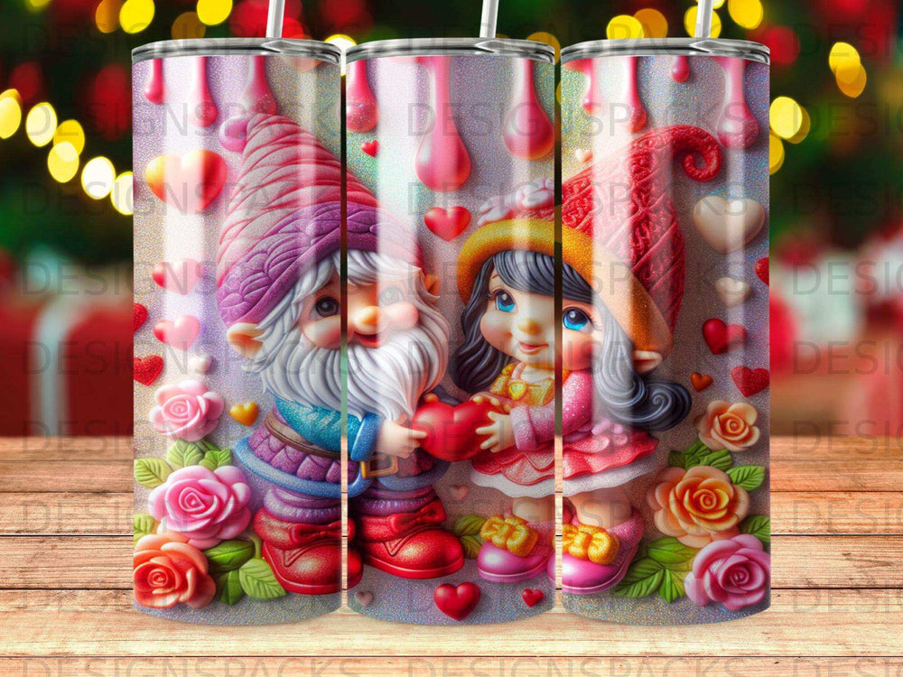 Gnome and girl holding heart, surrounded by roses and glitter.