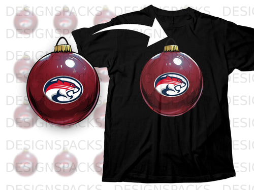 Black t-shirt with a red Christmas ornament featuring a stylized cat logo.