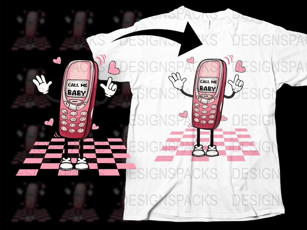 Retro Cell Phone T-Shirt, Call Me Baby Graphic Tee, Vintage Style, Quirky Funny Shirt, Unisex Fashion Top, Pink Checkerboard