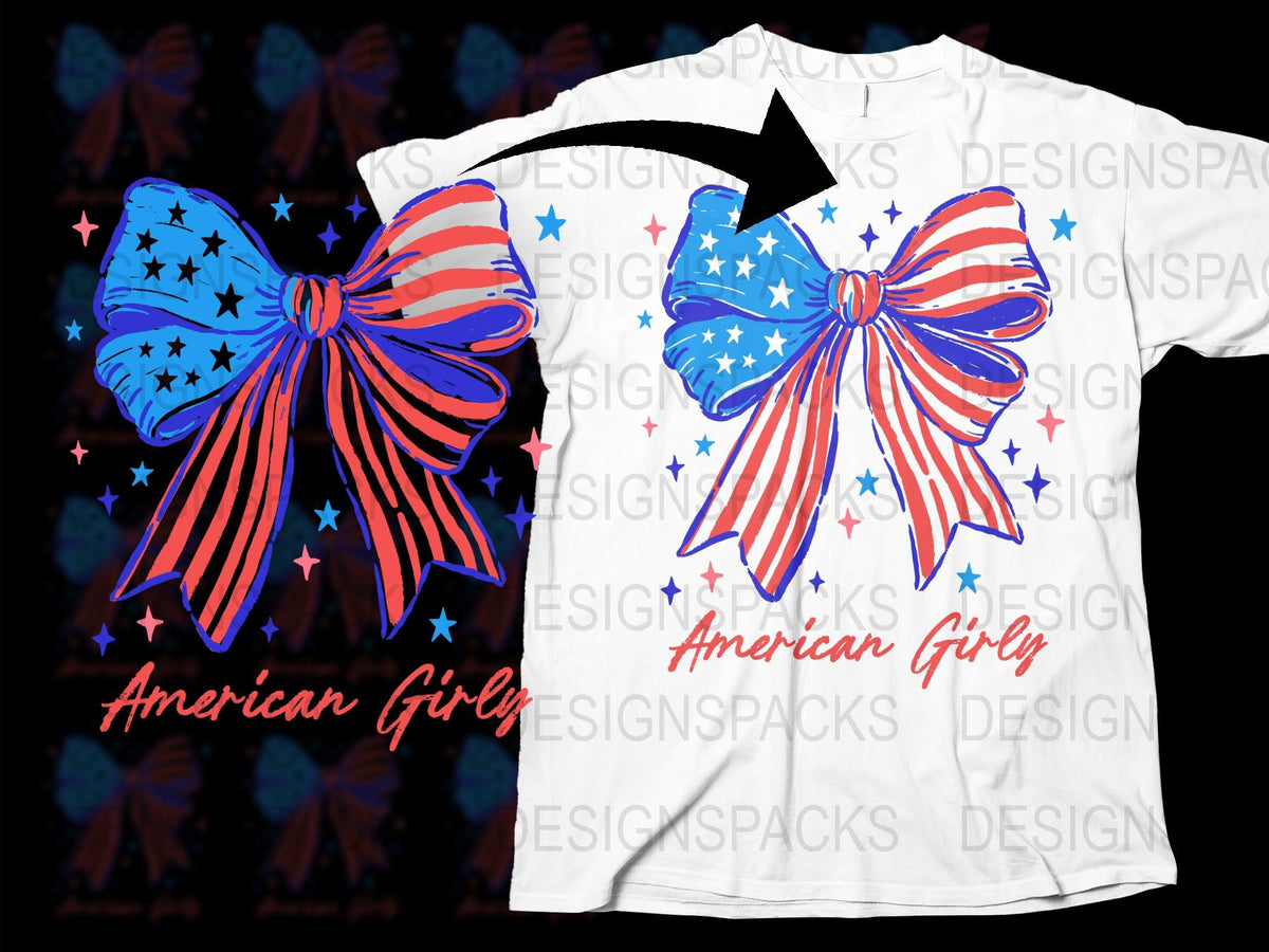 Patriotic American Flag Bow T-Shirt, Star Spangled Banner Design, Red White and Blue, Fourth of July Apparel