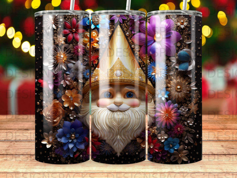 Christmas gnome with beard and hat surrounded by colorful flowers.