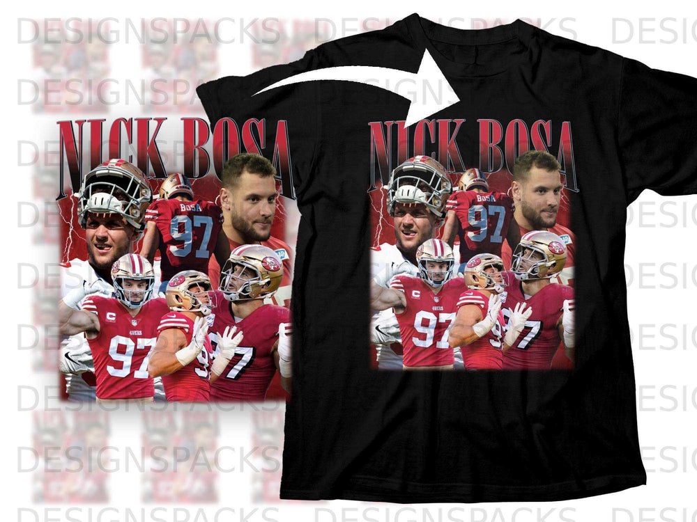 Black t-shirt featuring Nick Bosa, 49ers player, with large "NICK BOSA" text.