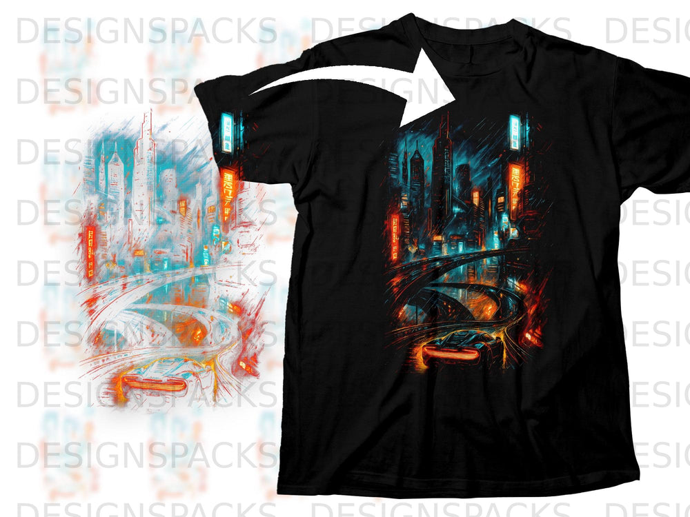 Black t-shirt with neon city and futuristic car graphic.