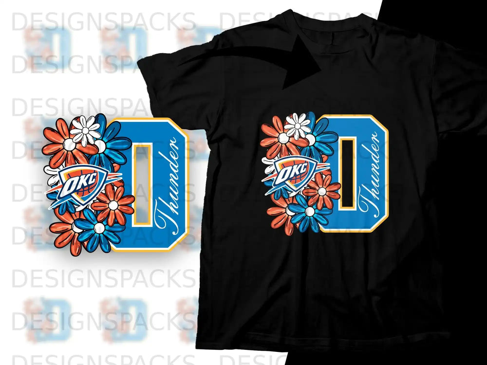 Oklahoma City Thunder "D" logo with floral accents on black t-shirt.