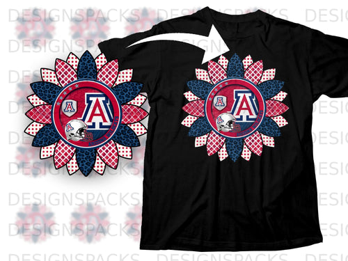 Arizona Wildcats sunflower design on black t-shirt with large A logo and football helmet.