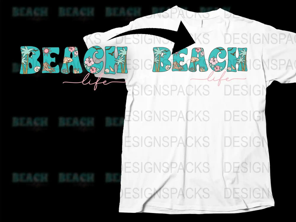 Beach Life T-Shirt Turquoise Lettering Tropical Floral Design Casual Summer Top Unisex Fashion Tee