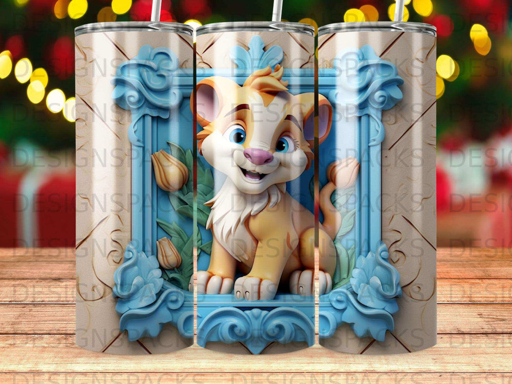 Cartoon lion cub sitting in a blue ornate frame with flowers.