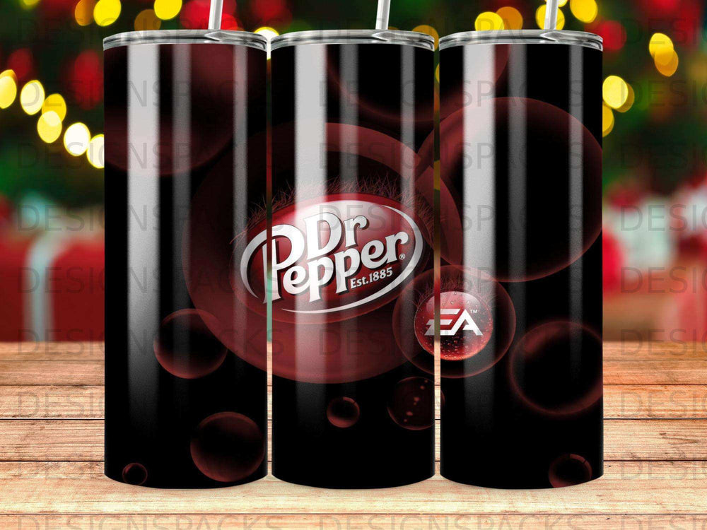 Dr Pepper EA tumbler with red and black abstract design.