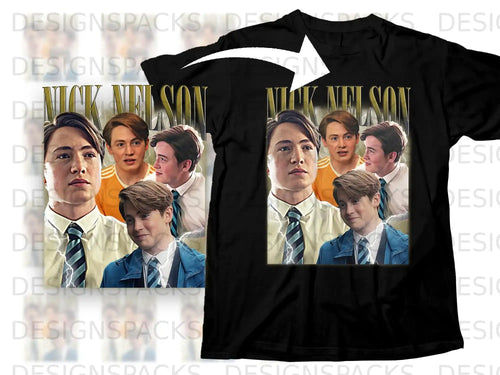 T-shirt featuring a collage of a young man in blue and white.