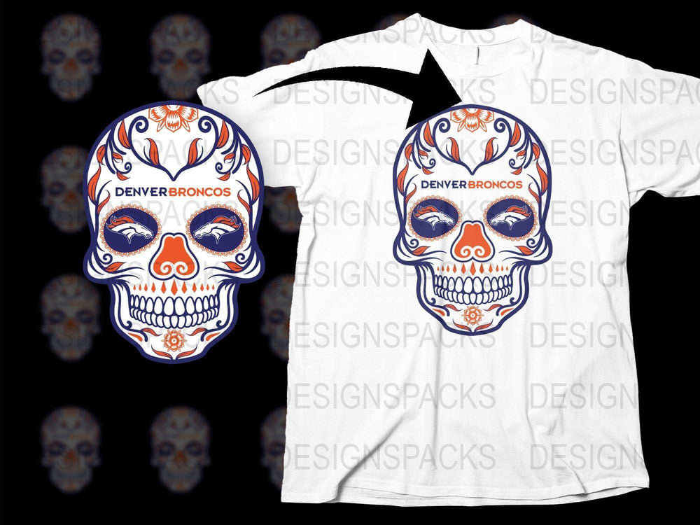 Denver Broncos Sugar Skull T-Shirt, Day of the Dead Inspired Football Tee, Unique Sports Fan Apparel, Graphic Print Shirt